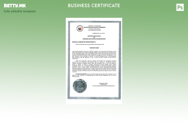 модерен стил Филипини сертификат за основање компанија Шаблон Word и PDF, шаблон